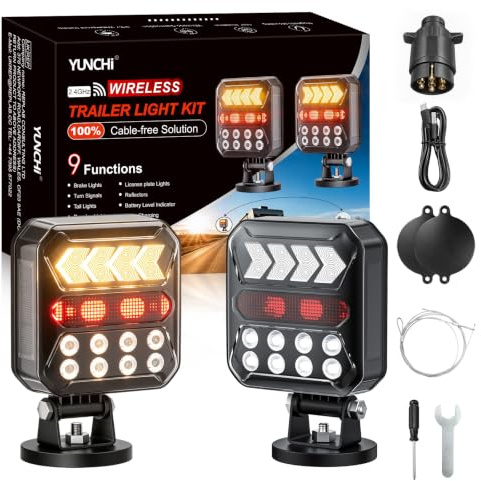 YUNCHI Feux arrière sans fil LED magnétiques solaire et rechargeable | avec feu stop/clignotant/recul, 3000 mAh, inclinable à 180°, étanche IP67, 7 broches, pour voiture, camion, remorque caravane