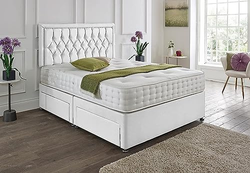 SANA SLEEP Designer Damask Memory Foam Divan Bed Set With Mattress, 2 Drawers (Same Side) and Headboard 4FT Small Double - Damask White
