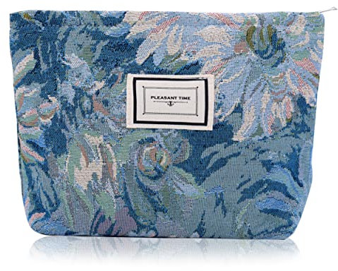Damen Kosmetiktasche Kulturtasche für Reisen Make-up Tasche Stickerei Blume Multifunktion Organizer Pouch Bag Mäppchen Klein Canvas Handbag blauBlume