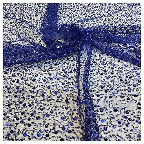 SHTGOI 1 Yard Pailletten Perlenrohr Netz Tüll Stoff 125 cm Breit Paillettenstoff Glitzernder Stickerei Mesh Netzstoff Stickereistoff Polsterstoff für DIY Kleidung Nähen Heimdekoration Königsblau