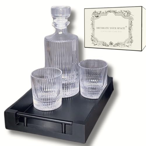 Water carafe, Bedside water carafe and glass set, Whiskey Decanter Set with Tray, Ribbed glassware and Ribbed Cups, Wine Decanter
