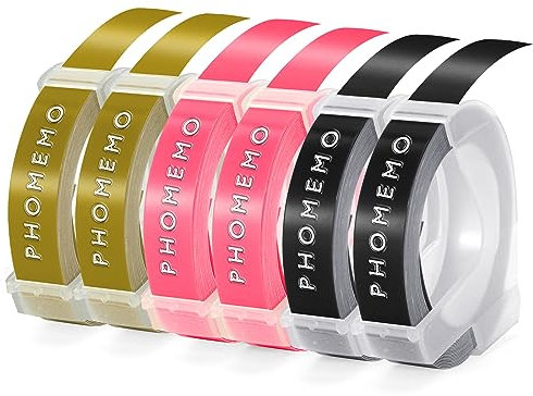 Phomemo Etikettenband Kompatibel mit Dymo Omega Prägeband Ersatz für 3D Etikettenband 9mm für Etikettiergerät Prägegerät(Weiß auf Schwarz|Gold|Rosa, 6 Stück)