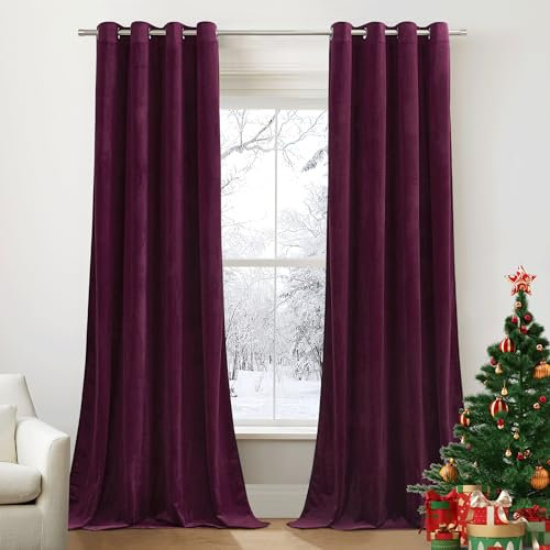 PONY DANCE Samt Gardinen Wohnzimmer Thermovorhang mit Ösen 2er Set Verdunkelde Vorhänge Samt Thermogardine Kälteschutz Velvet Blackout Curtains for Living Room, H 240 x B 132 cm, Rotwein