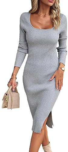 ZIYYOOHY Elegant Strickkleid Rippstrick Pulloverkleid Langes U-Ausschnitt Langarm Midikleid Party Kleid (M, Grau)