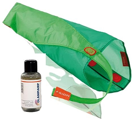 Arion Easy Slide Anziehhilfe für Strümpfe & Olanmarp Feinwaschmittel für Kompressionsstrümpfe 50 ml -Leicht anziehen und pflegen (Schuhgröße: bis 38, Geschlossene Fußspitze Magnide)