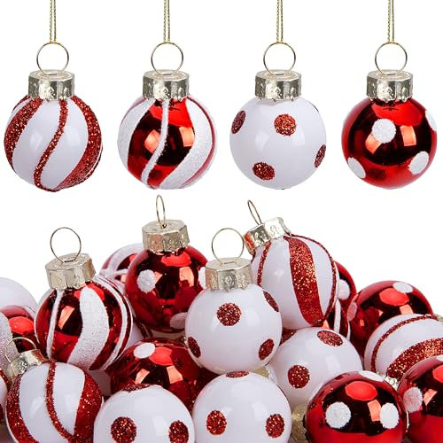 Watayo 24 bolas de caramelo de Navidad, adornos de cristal, mini bolas de caramelo de cristal, adorno colgante de bolas de caramelo rojo dulce y blanco, adornos para árbol de Navidad, decoración de