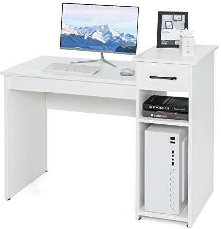 COSTWAY Bureau Informatique avec Tiroir et Support PC, Bureau d’Ordinateur en MDF avec Étagère de Rangement à 2 Niveaux, Table de Travail pour Ordinateur, 102 x 50 x 82 cm (Blanc)