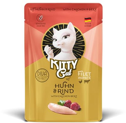 KITTY Cat Filet in Paté Pollo & Rind, 6 x 85 g, Comida húmeda Gourmet para Gatos, la Mejor Comida para Gatos con taurina, Aceite de salmón y mejillón de Labios Verdes, sin Cereales con Mucha Carne,
