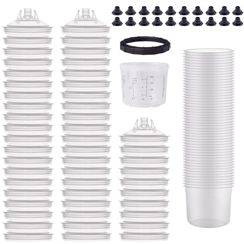 tycardor HT Disposable Paint Gun Sprayer Mixing PPS Cup Liners and Lid System for HVLP Spray Gun 50 Cups Liners 50 Lids with Strainer 1 Hard Cup with Retainer Ring 20 Plugs, 200ML(8 OZ)