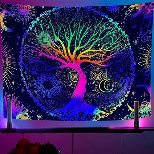 Tokusyou Baum des Lebens Wandteppich Schwarzlicht UV Reaktive Mond und Sonne Wandbehang Mandala Stern Tapisserie Psychedelic Aesthetic Wandtuch Dekoration für Wohnzimmer Schlafzimmer,130x150cm