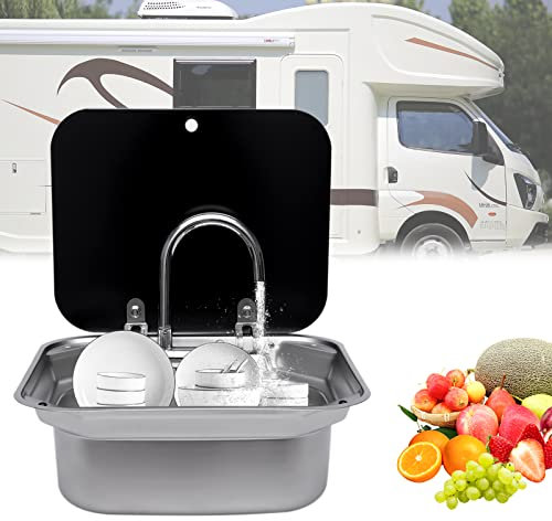 Edelstahl Camping Spüle Bausatz, Spülbecken Waschbecken Edelstahlspüle, Küchenspüle mit Armatur+Deckel für Kompatibel RV Camper Wohnmobil, kleine Küchen, Cafés, usw