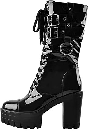 MissHeel Plateau Stiefeletten Halbstiefel Schürstiefel Gothische Kurzschaft Stiefel Blockabsatz Punk Stil Schwarz EU 38