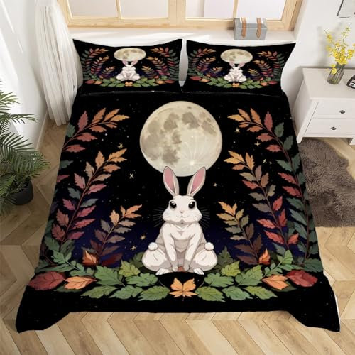 Hasenmotiv Bettwäsche Set 135x200 cm Weich Mikrofaser Blätter Bettwäsche-Set mit Reißverschluss 3 Teilig Bettbezug mit 2 Kissenbezug 80x80 cm
