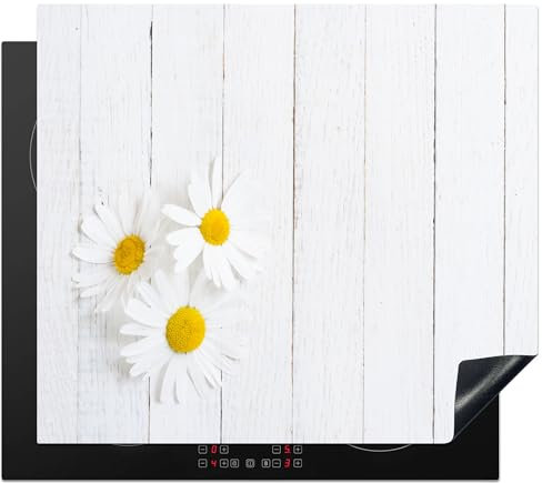KitchenYeah© Copertura Tappetino Piano Induzione 59x52 cm Cucina Coprifornelli Protezione per Piano Induzione Fiori - Margherite - Legno - Bianco - Natura morta