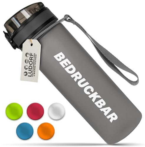 #teamludorf - MiniCAMPOS - 600ml Trinkflasche Schwarz – BPA-frei, auslaufsicher, personalisierbar – robuste Wasserflasche aus Tritan mit Weithals & Handschlaufe, für Schule, Fitness, Outdoor