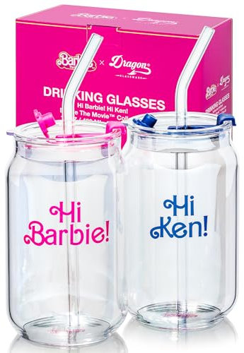 Dragon Glassware x Barbie The Movie - 16 oz Glass Cups with Lids and Straws Set of 2 - Iced Coffee Cups with Lids - Versatile Glass Tumbler with Straw and Lid for Hot, Cold Drinks - Hi Barbie! Hi Ken!