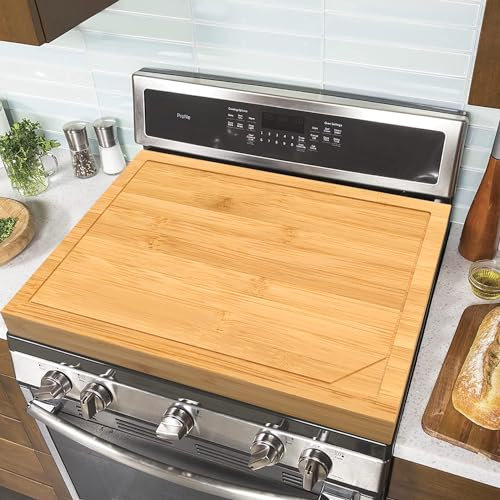 Bamboo Noodle Board Stove Cover with Handles,Wood Stove Top Covers Board for Gas Burner/Electric Stove, Bamboo Worktop Saver for Kitchens, Tray for Kitchen Counter Space with Juice Grooves