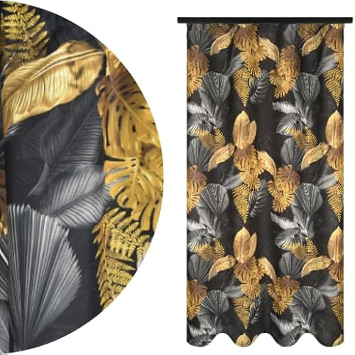 Voppi Fenstervorhang am Band 140x240 cm exotisches Pflanzenmuster schwarz Vorhang in grau und Gold Blätter Stärke 180 g/m2 schöner eleganter Vorhang