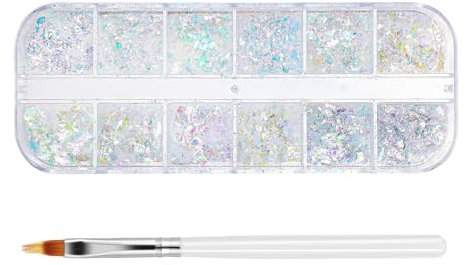 12Grids Gradien Nail Foils Flakes Holographic Nail Art Glitter Nail Glitter Ice Slag Sequins Iridescent Nail Foil Nail Decor Flash with Nail Brush for Nail Art Decorat Carnival