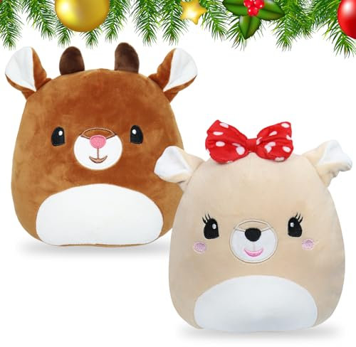 Zkaoai Elch Kuscheltier, 2 Stück Weihnachten Braun Weiß Elch Kuscheltier Weihnachts Rentier Squishmallow Plüschtier, Plüsch Stofftier Plüschtier für Kinder Sofa Weihnachten Dekoration