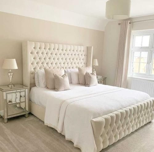 Wingback Bed Frame Single Size, Cream Plush Color, Made in the UK