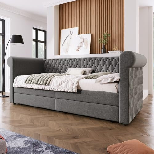 RanRan Vintage Kopfteil Polsterbett Sofabett 90x200 cm, Schlafsofa Tagesbett mit 2 Stauraum Schubladen, Kinderbett Jugendbett Bettgestell mit Lattenrost aus Holz, Linen(Ohne Matratze) (Grau)