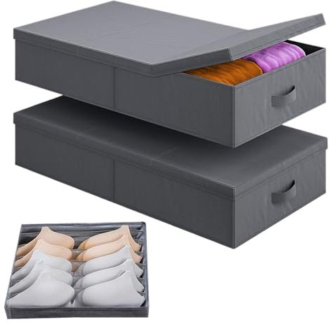 A&A Underbed Storage Boxes with Lid 2 Pack Foldable Fabric Under Bed Storage Bins with Handles for Clothes, Blankets, Shoes, Toy Dolls, Sturdy Side & Bottom Support, Dark Grey with 1 bra organizer