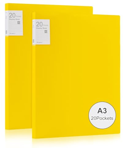 Srvnpioy 2 Pièces Porte-Vues A3 20 Pochettes 40 vues, Livre D'affichage A3, Présentation Affichage du Livre A3 Protège-Documents, en Polypropylène,Jaune