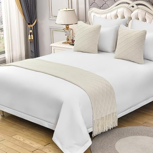 XLDZ Gestrickter, weicher, hautfreundlicher Bettläufer und passende Kissen mit Rautenmuster, Bettüberwurf für Hotel-Bettwäsche und vielseitige Heimdekoration (Beige, 1 x Kissenbezug)