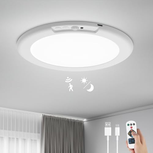 Leselux Plafonnier LED avec Detecteur de Mouvement, 6000mAh Rechargeable Plafonnier Sans Fil avec Télécommande, Ø19CM Rond Lampe Plafond 3000K-6500K Dimmable, pour Escalier Couloir Garage, Sans Percer
