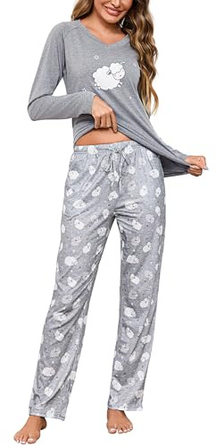Litherday Schlafanzug Damen Lang Baumwolle Pyjama Set Zweiteiliger Langarm Nachtwäsche mit Taschen V-Ausschnitt für Herbst & Winter