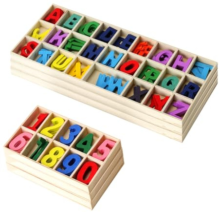 SYUTBOU 6 Stück Holzbuchstaben 2,3cm und Zahlen 2,5cm Set, Bunt Buchstaben Holz mit Tablett, Holz Alphabet und Zahlen Holzzahlen zum Basteln für DIY, Deko