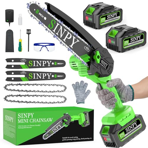 SINPY 8 Inch Mini Chainsaw Cordless with 2x5000mAh Electric Chain Saw with Auto Oiler/Safety Lock Powered Handheld Chainsaws for Tree Trimming Pruning