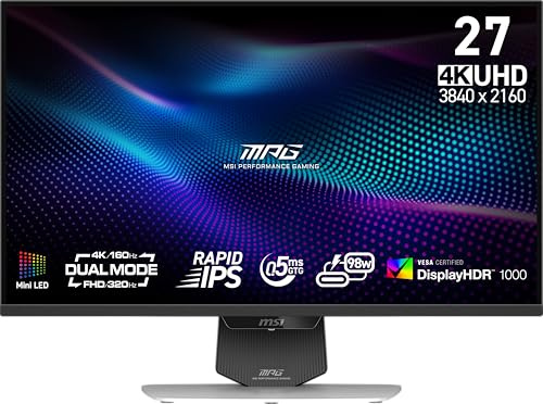MSI MPG 274URDFW E16M Monitor da gioco 27 3840 x 2160 (UHD), 160 Hz, sincronizzazione adattiva AMD, predisposto per HDR, HDMI, porta VGA, montabile VESA, inclinabile, cornice sottile su 4 lati, 0,5