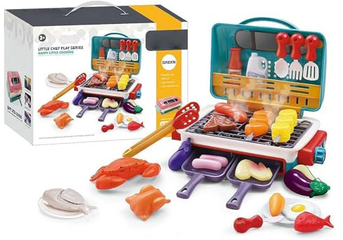 Magic Meals Sensory Kitchen, Kids BBQ Grill Toy, Kinder BBQ Grill Spielzeug, Küche Spielzeug Set mit Licht, Ton und farbwechselndem Spielessen, Grill-Spielzeugset für Jungen und Mädchen (Blau)