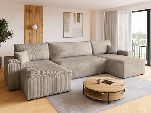 BROMARKT Ecksofa mit Schlaffunktion Cord Beige Wohnlandschaft u Form Big Sofa Schlafsofa mit Bettkasten Schlafcouch Wohnzimmer Couch 5 sitzer 312x143x85 cm ADI