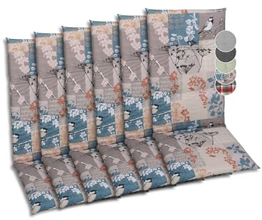 GO-DE Textil Bequeme und attraktive Polsterauflagen für Hochlehner-Gartenstühle (6er-Set, Blattmotiv-Natur Taupe, Hochlehner)