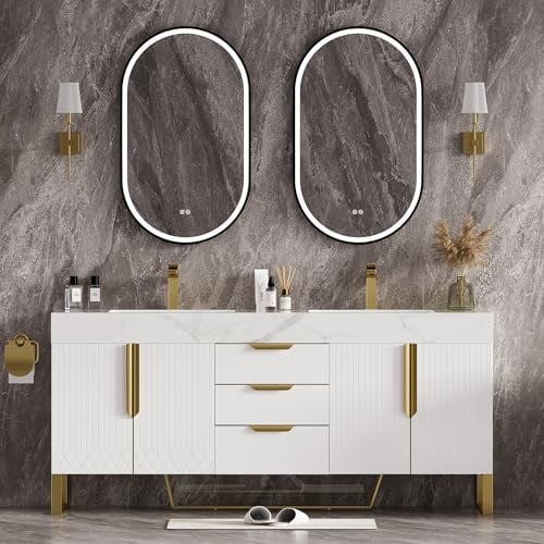 Homary Meuble Vasque Salle de Bain 150cm Double, Meuble Salle de Bain avec Vasque en Céramique et Plateau Pierre Frittée, Vanité sur Pied Moderne avec 3 Tiroirs, 4 Portes et Pieds en Métal Or