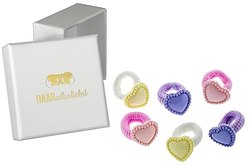 HAARallerliebst Haargummis Mädchen Set, 6 teilig Herzen rosa, blau, gelb | Süße Zopfgummis für Kinder mit Motiv, weich und haarschonend – Haarschmuck Mädchen, Geschenk für Weihnachten, in weißer Box