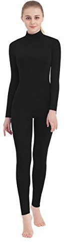 SUPRNOWA Women's Jumpsuit Bodycon Footless Unitard Long Sleeve Bodysuit with Zipper Comfortable Spandex One-Piece Dance Costume (L, Black Footless)