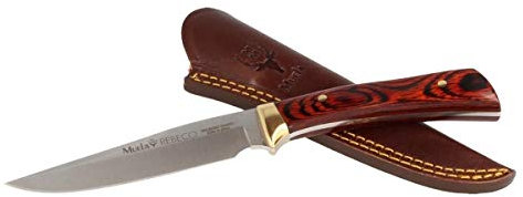 Muela Cuchillo REBECO 11R hoja de acero MoVa de 12 cm y empuñadura de estamina para Caza, Pesca, Supervivencia y Bushcraft Realizado en Ciudad Real + Portabotellas de regalo