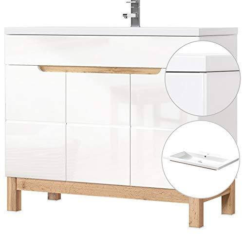 Lomadox Badmöbel Waschtisch Set mit 100cm Unterschrank in Hochglanz weiß, Wotaneiche, Keramik-Waschbecken, Softclose-Türen, B/H/T 100/85/46cm