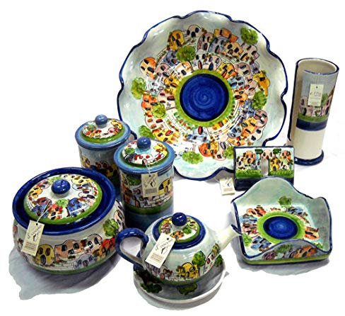 Il Coccio Set da cucina in ceramica rustico italiano da 7 pezzi: biscottiera, barattoli caffè/zucchero, portatovaglioli, teiera, portabicchieri, alzatina, copripresa Vietrese