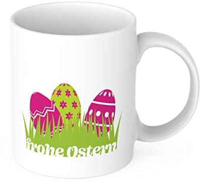 STEMPEL-FABRIK – Keramiktasse rosa zweifarbig mit Aufdruck – Frohe Ostern mit Ostereiern – bedruckte Kaffeetasse ideal geeignet für den Genuss von Kaffee und Tee