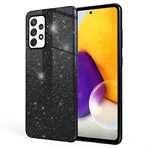 NALIA Glitzerhülle für Samsung Galaxy A72 - Grip - Hülle, Schwarz | Partikel fest im Material eingeschlossen, 3-Schicht-Schutzaufbau mit Hardcase-Kern, Erhöhter Kamerarand, SHINEPOP