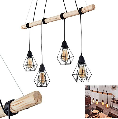 HOFSTEIN Pendelleuchte Betsele, 4-flammige Hängelampe aus Metall und Holz in Schwarz/Natur, Modernes Design mit schirmen in Gitter-Optik, Höhe der Leuchtköpfe beliebig verstellbar, 4 x E27