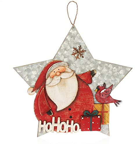 com-four® Hängedeko Weihnachten - Holz-Aufhänger in Sternform - Großes Deko-Herz mit Weihnachtsmann - Christmas Wanddeko (Hohoho - Stern)