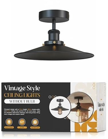 Vinatage Ceiling Lighting Fixtures Industrial Chandeliers Black Metal 22cm Light Shade with E27 Base Semi Flush Mount Ceiling Lights LED Lamp for Kitchen Hallway Dining Rooms Living Rooms EPC A+
