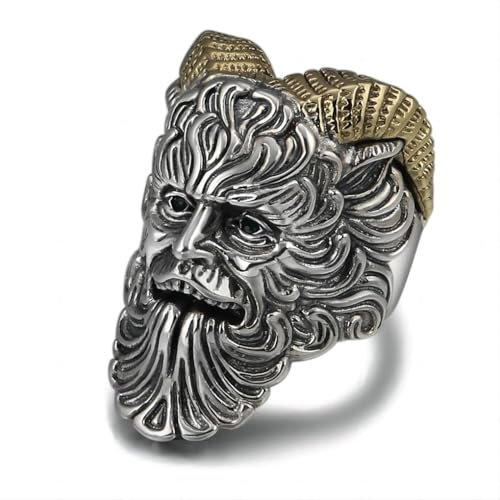 PikaLF Satan Kopf Ring für Männer, nordischer Wikinger Satan Ziege Schädel Ring, Satan Ziege Gold Horn Ring, Punk Dämon Schädel Ring, Hip Hop Biker Ring, Wikinger satanischer Schmuck (19.8)