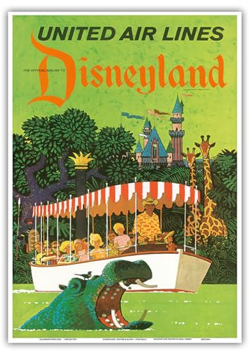 Kalifornien – Dschungelkreuzfahrt Nilpferd – United Air Lines – Vintage-Poster von Stan Galli um 1960er Jahre – Meister-Kunstdruck, 25,4 x 35,6 cm